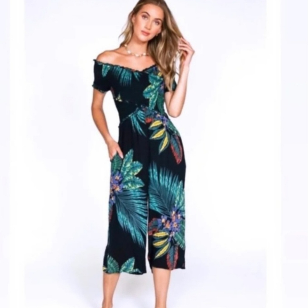 PATRONS OF PEACE Black Tropical Print Crop Jumpsuit SIZE SMALL